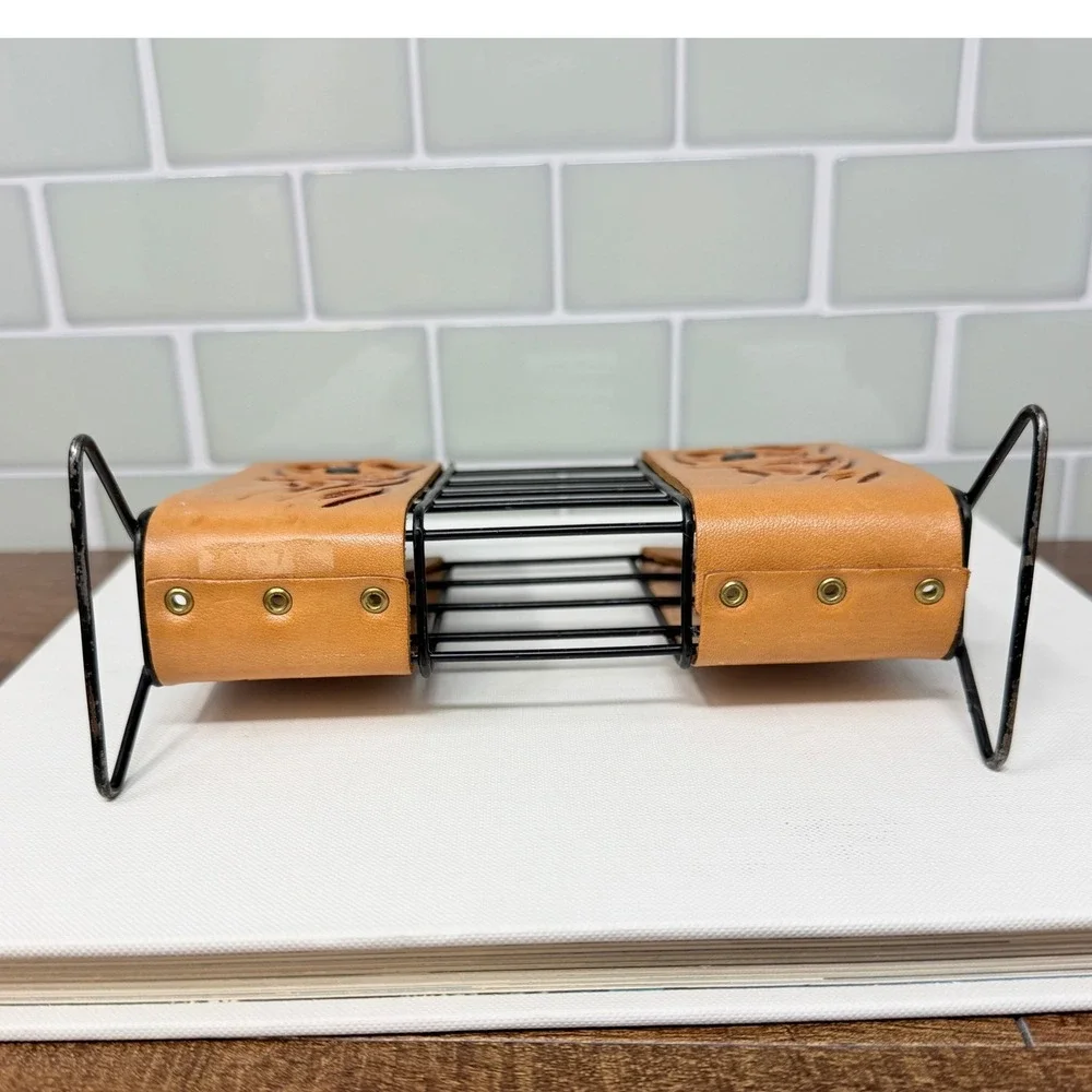 Vintage Western Tooled Leather Napkin & Letter Holder Black Wire Desk Caddy